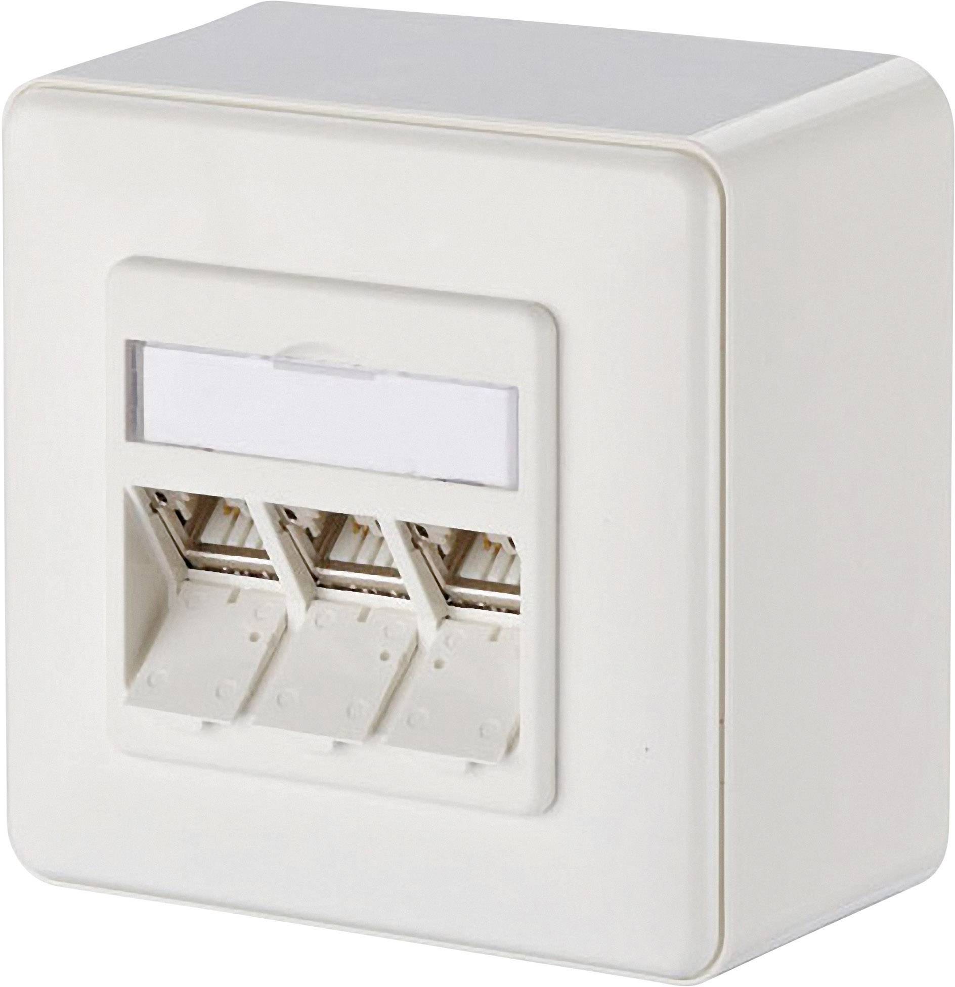 Witte netwerkmuurcontactdoos met drie Ethernet-poorten en een etiketteerveld bovenaan voor het labelen van de aansluitingen.