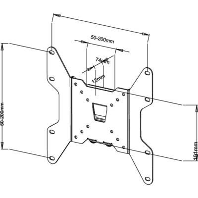 Montagehandleiding voor een tv-beugel met afmetingen: breedte 50-200 mm, hoogte 63-130 mm. Toont gatafstanden van 74 mm en 12 mm.