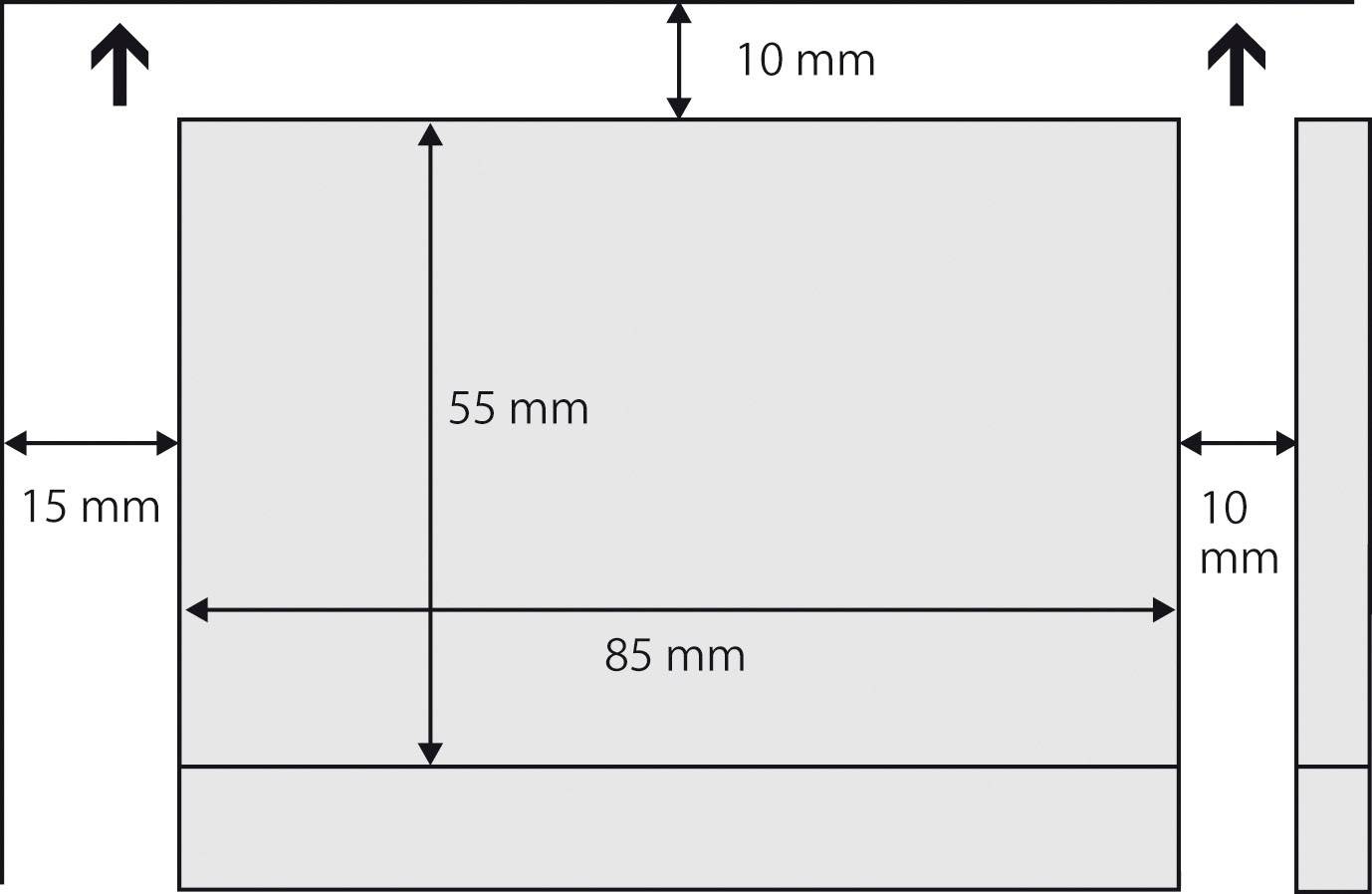 Technische tekening van een rechthoek met afmetingen 85 mm x 55 mm; omliggende pijlen geven afstanden van 10 mm en 15 mm aan.