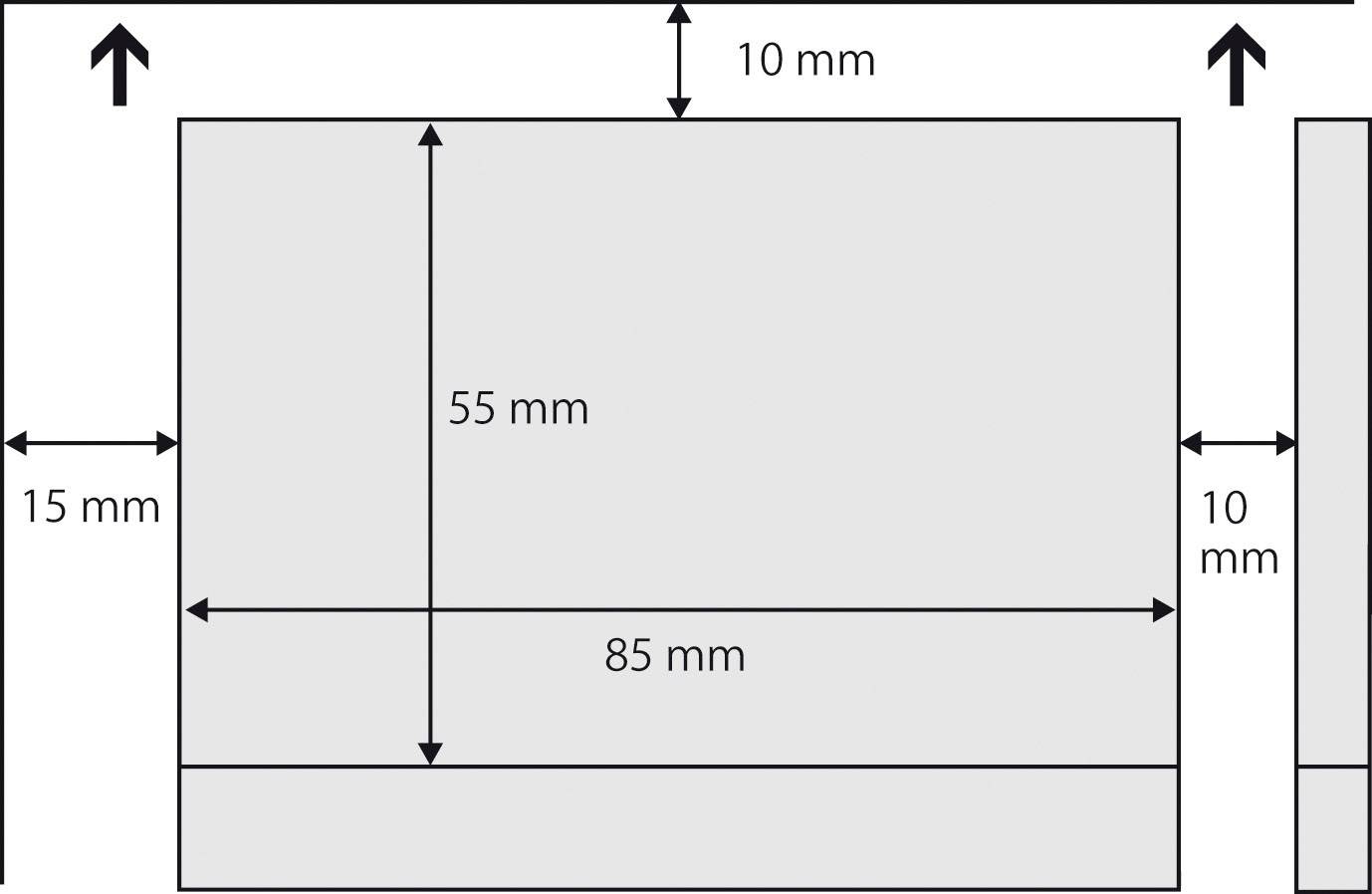 Diagram toont een rechthoek met afmetingen: 85 mm breedte, 55 mm hoogte, omliggende marges: 15 mm links, 10 mm boven en onder.