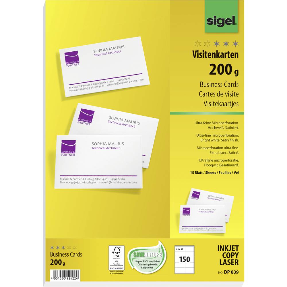 visitekaartjes Sigel 200grs pak a 150 stuks wit SI-DP839