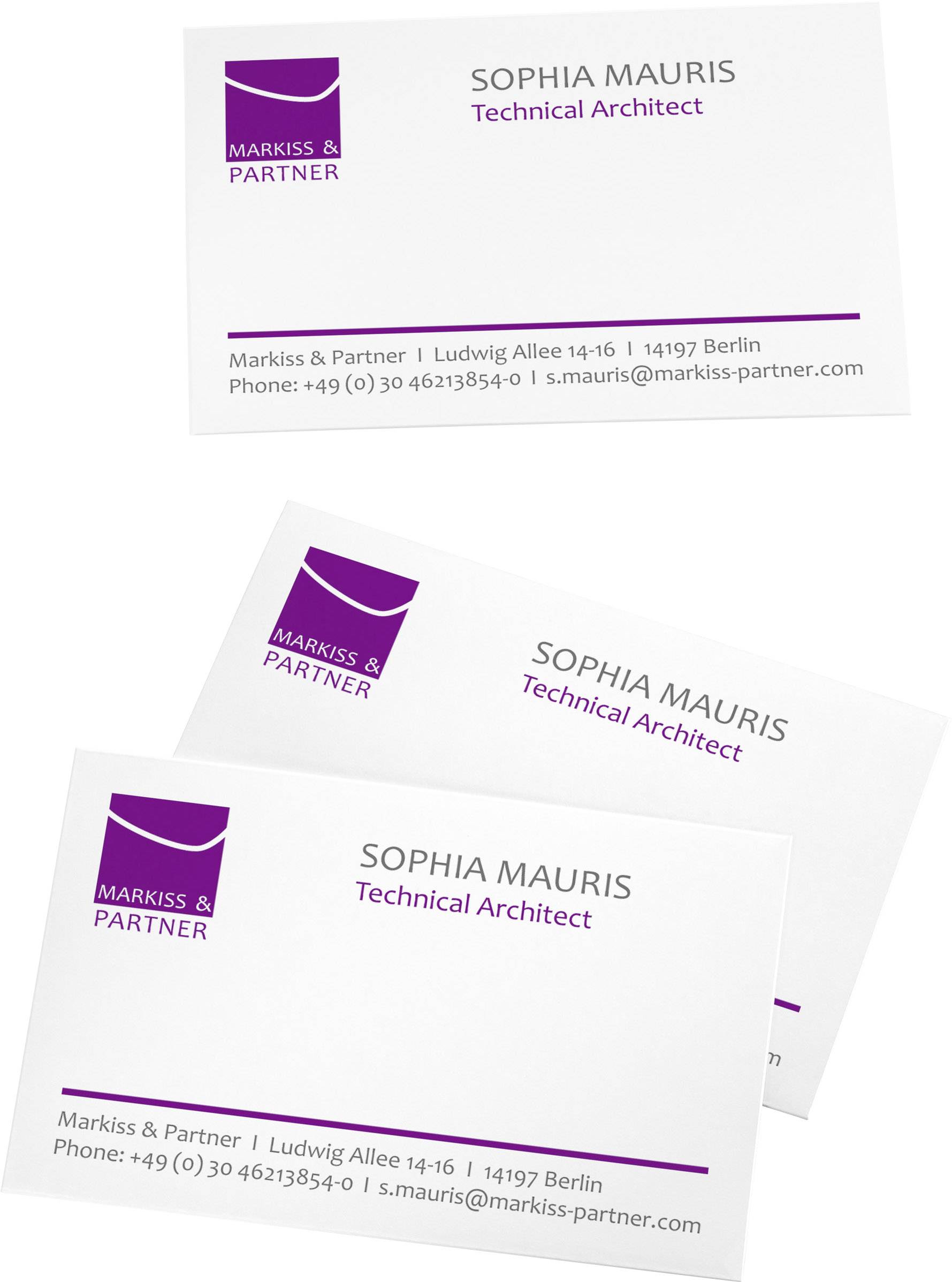 Visitekaartjes van 'Markiss & Partner' met naam 'Sophia Mauris', functie 'Technical Architect', contactgegevens en logo.