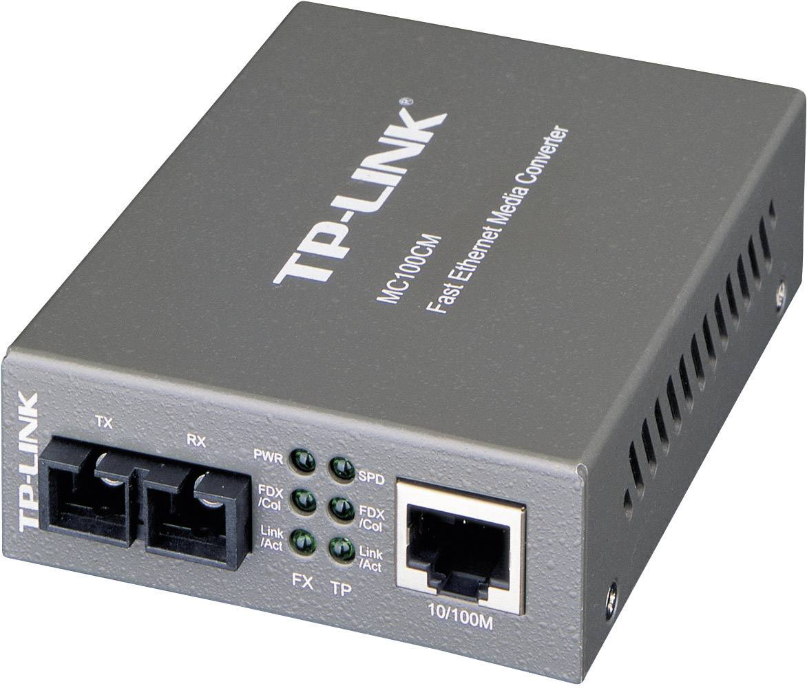 Een TP-Link MC100CM mediaconverter met optische aansluiting en netwerkkabelpoort, voor snelle Ethernet-verbinding.