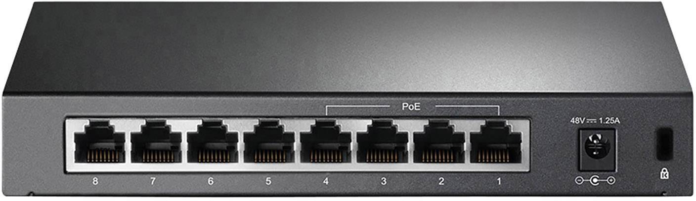 Een 8-poorts PoE-switch met Ethernet-aansluitingen, geschikt voor de stroomvoorziening en netwerkverbinding van compatibele apparaten.