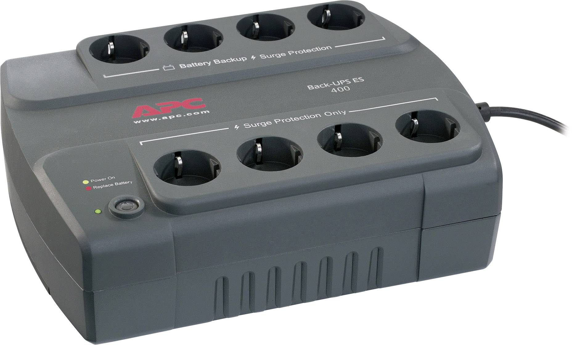 Batterij-back-up- en overspanningsbeveiligingsapparaat met zes aansluitingen, groene LED-indicator en APC-logo.