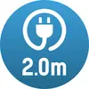 Een symbool toont een witte stekker met de tekst '2,0 m' op een blauwe achtergrond, wat wijst op een kabellengte.