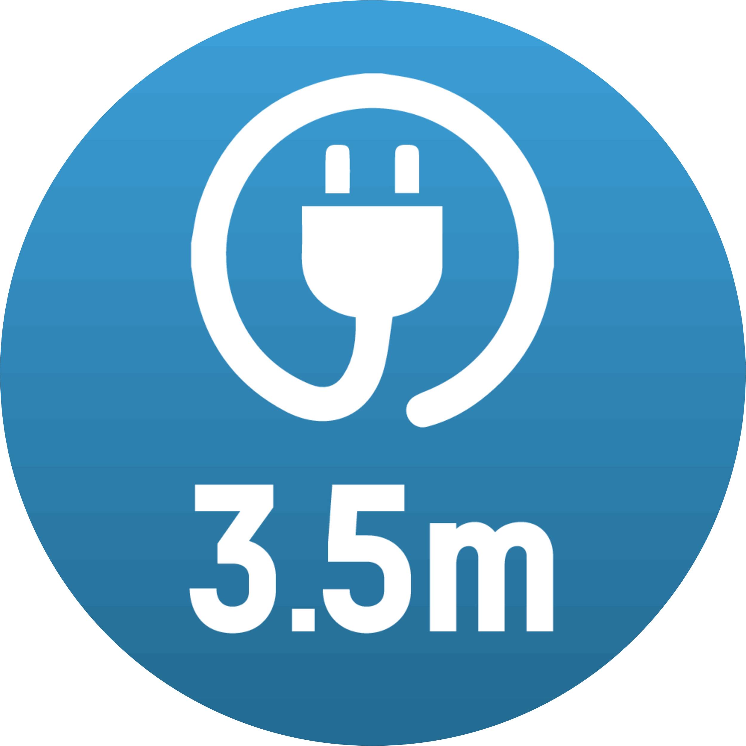 Een wit symbool van een stroomkabel met stekker geeft 3,5 m lengte aan op een blauwe achtergrond.