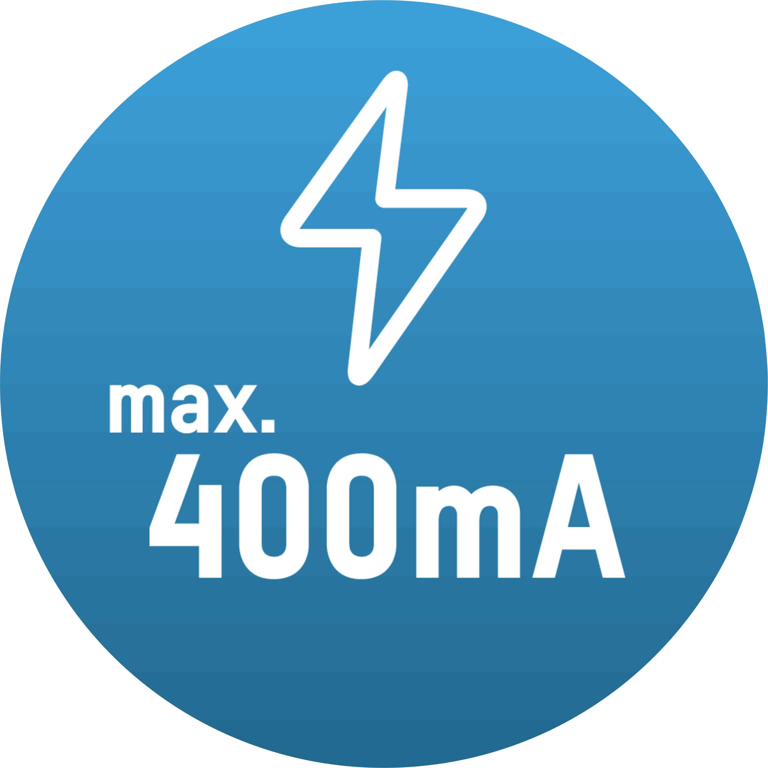 Blauwe cirkel met een wit bliksemschicht-symbool en de tekst 'max. 400 mA'.