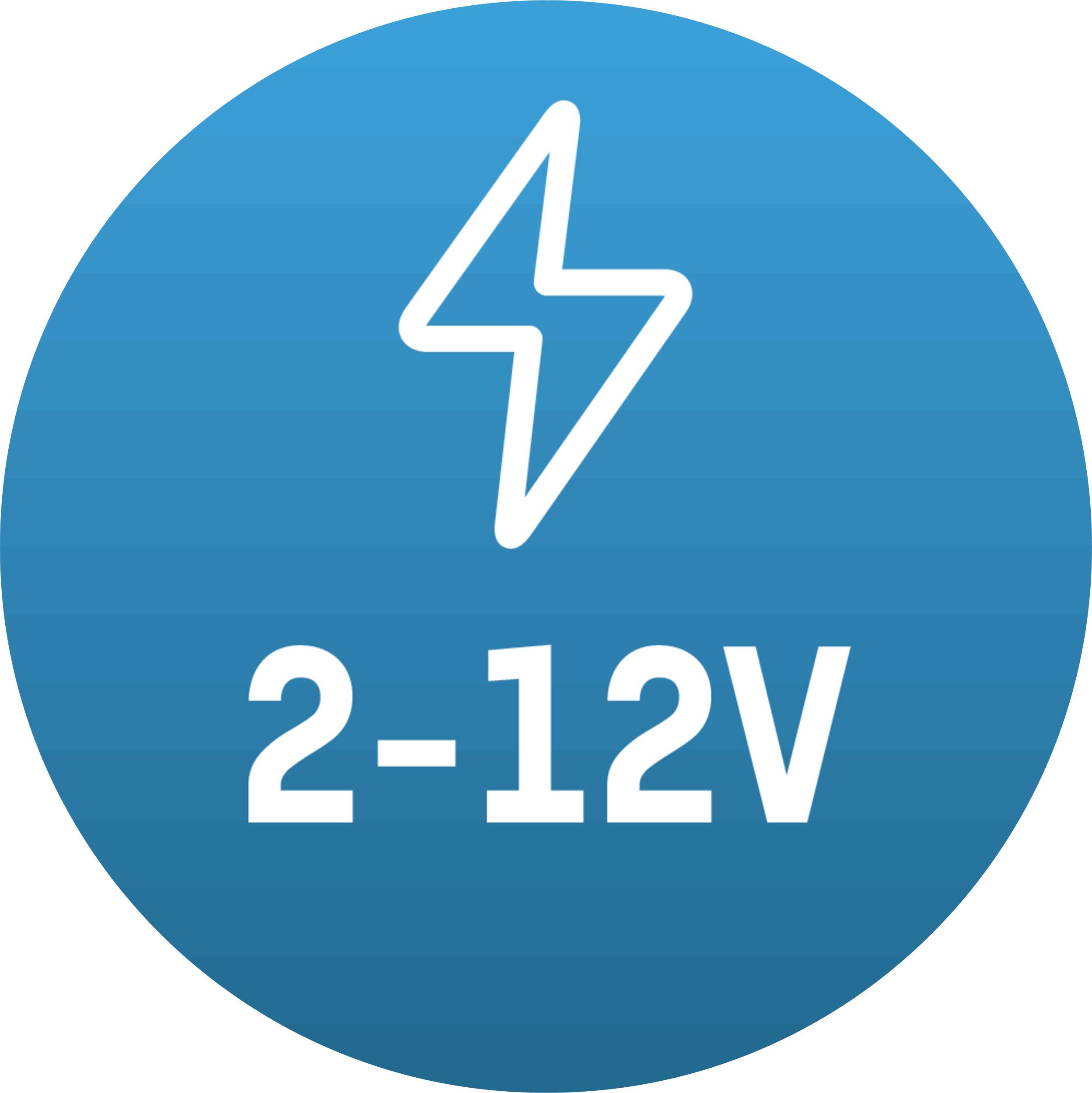 Een blauw symbool toont een witte bliksemschicht boven de tekst '2-12V', wat wijst op een elektrisch spanningsbereik.