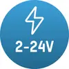 Blauw symbool met witte bliksemschicht en opschrift '2-24V', geeft spanningsbereik aan.