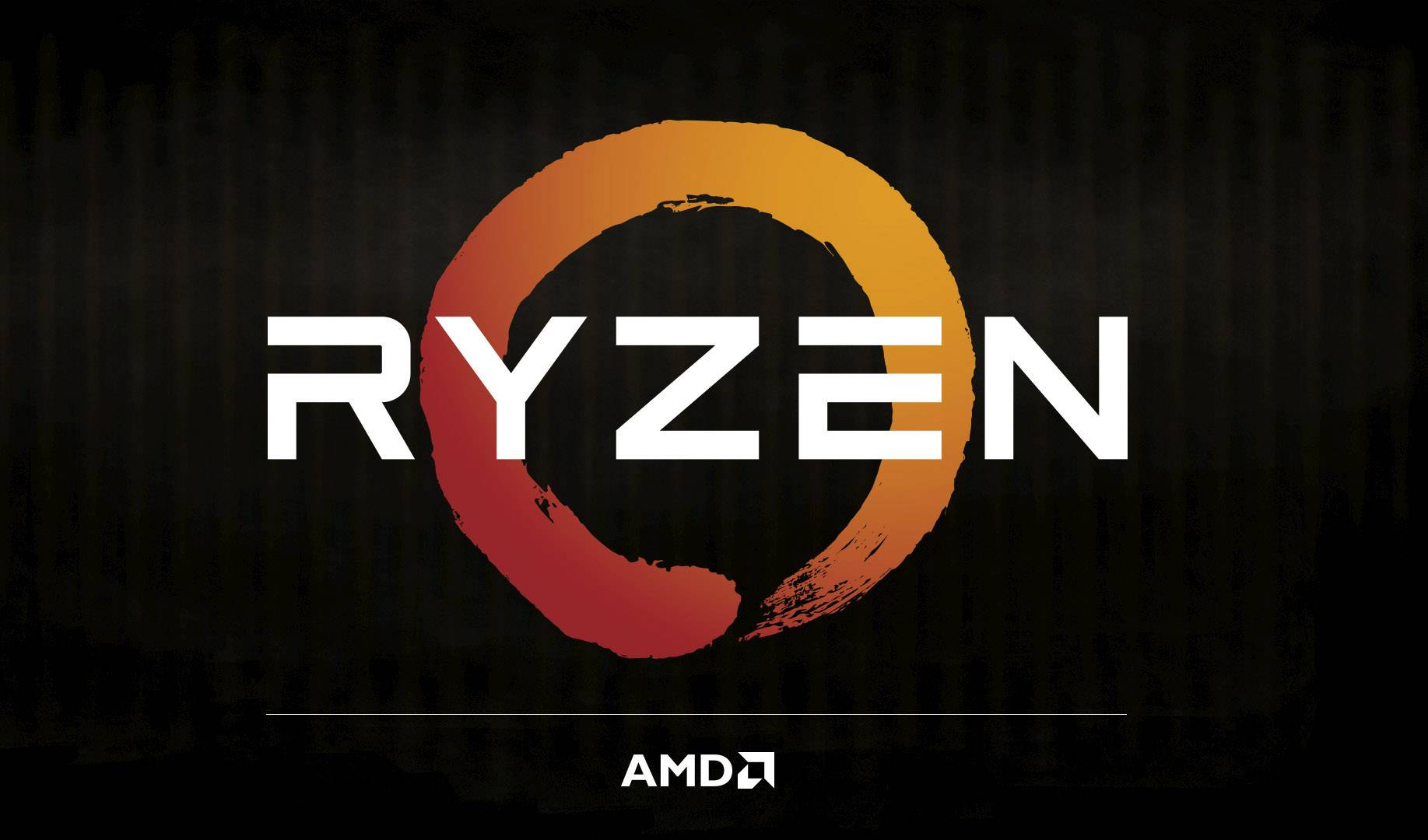 'RYZEN'-logo in witte letters op een zwarte achtergrond met een oranje cirkel. Daaronder het 'AMD'-logo.