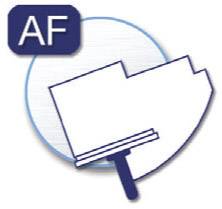 Een blauw-witte cirkel met de letters 'AF' linksboven. Een gestileerde silhouet van een ruitenwisser overlapt de cirkel.