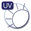 Logo met gestileerde zon en 'UV'-tekst linksboven. Symboliseert bescherming of informatie met betrekking tot UV-straling.