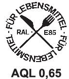 'RAL E85' logo met vork en lepel, omgeven door 'Voor voedingsmiddelen'. Tekst daaronder: 'AQL 0,65'.