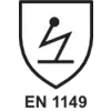 Een gestileerd pictogram van een bliksemschicht in een schild boven de tekst 'EN 1149', wat wijst op antistatische beschermende kleding.