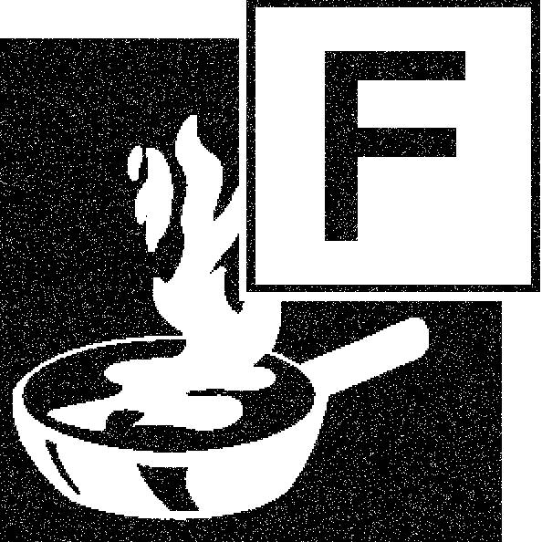 Tekening van een pan met vlammen en de letter 'F', symbool voor brandgevaar in een keuken.
