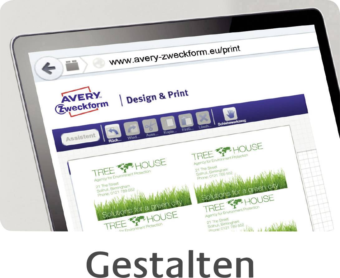 'Gestalten' toont een website-interface met ontwerp- en drukopties voor 'Avery Zweckform', inclusief etiketontwerp.