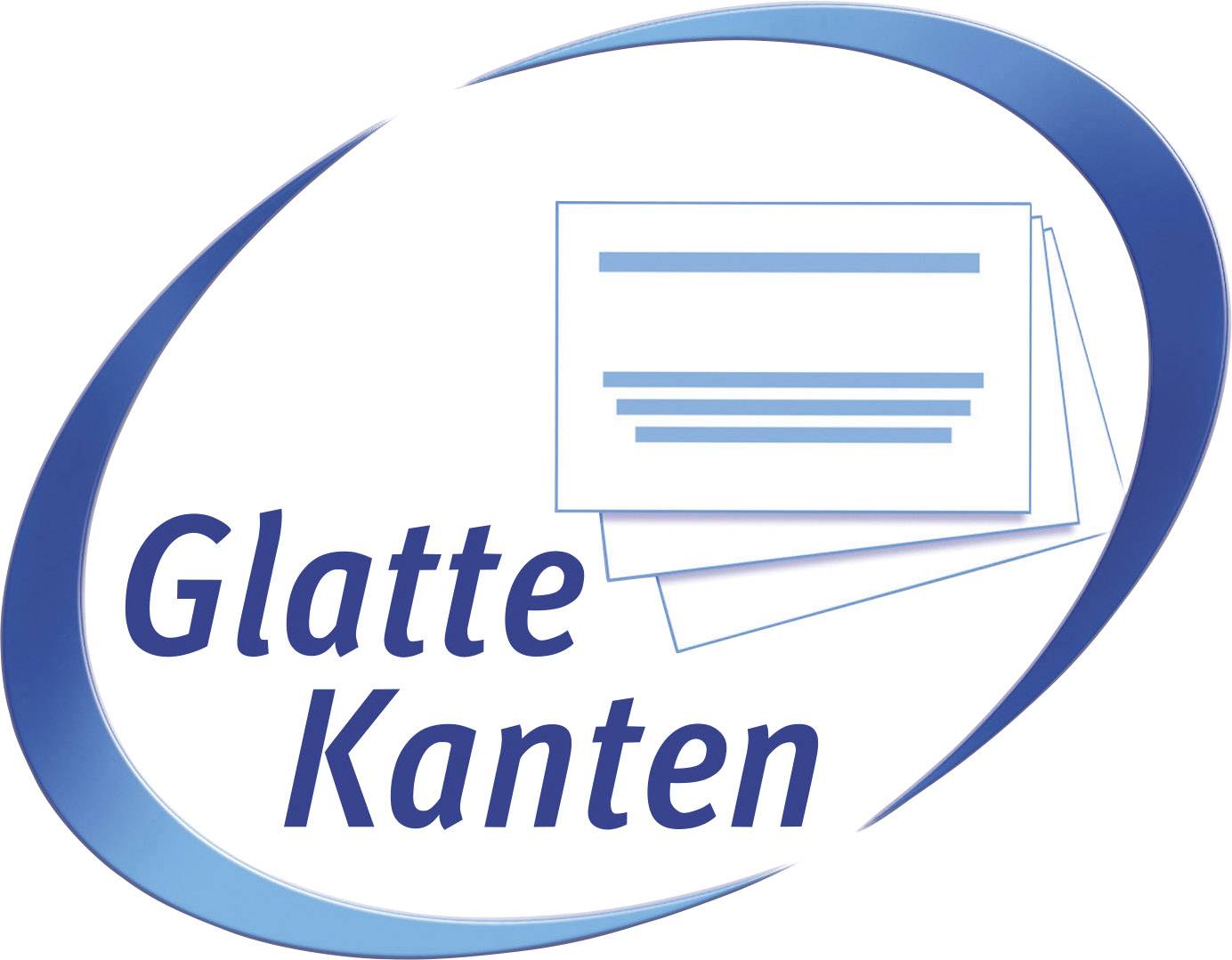 Logo met tekst 'Strakke Randen', toont gestileerde, over elkaar liggende papieren met blauwe lijnen, omgeven door een blauw ovaal.