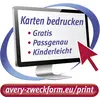 Afbeelding van een scherm met tekst 'Kaarten printen: Gratis, Precies passend, Super eenvoudig'. Website onderaan: 'avery-zweckform.eu/print'.