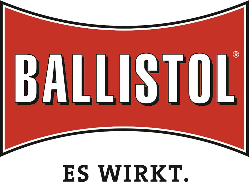 'Ballistol' logo in rode en zwarte hoofdletters. Daaronder de slogan 'Het werkt.' op een witte achtergrond.