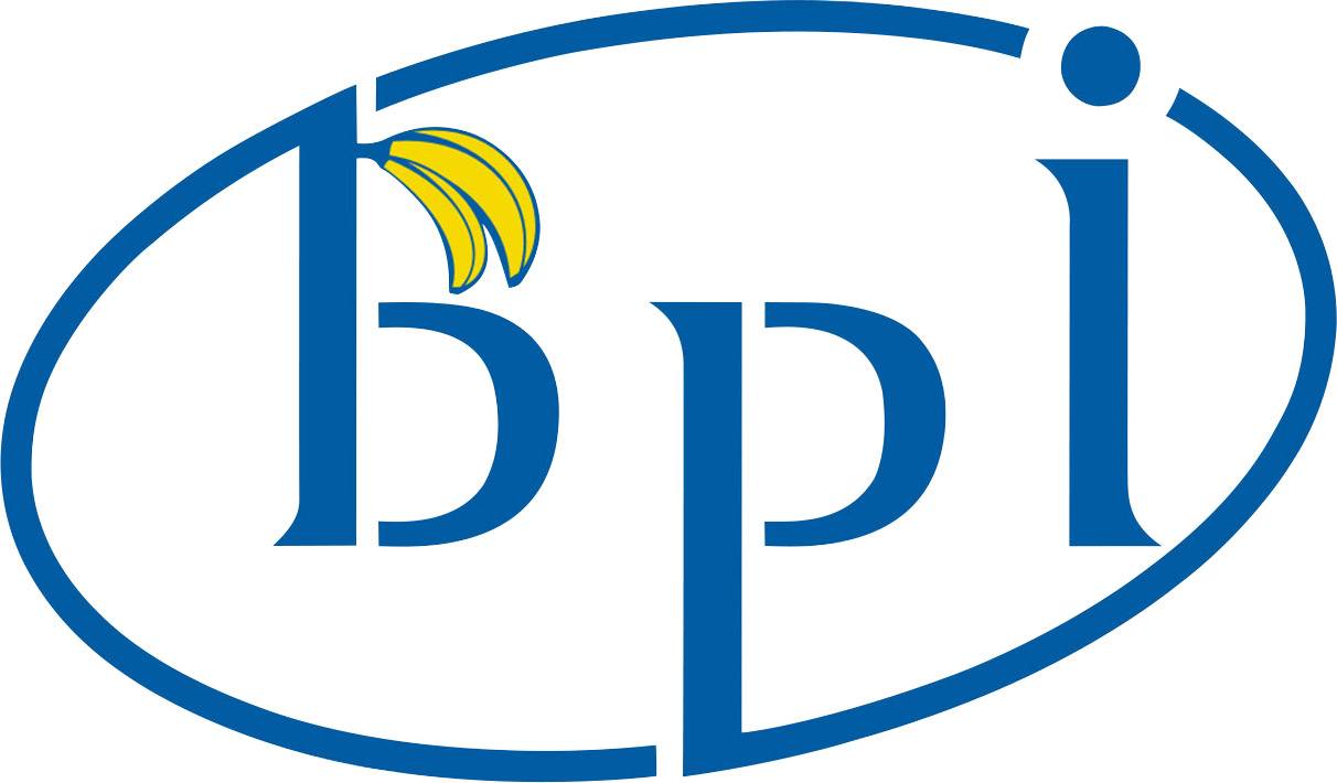 Blauw-wit logo met de tekst 'bpi'. Een geel bananasymbool is geplaatst boven de letter 'b'.