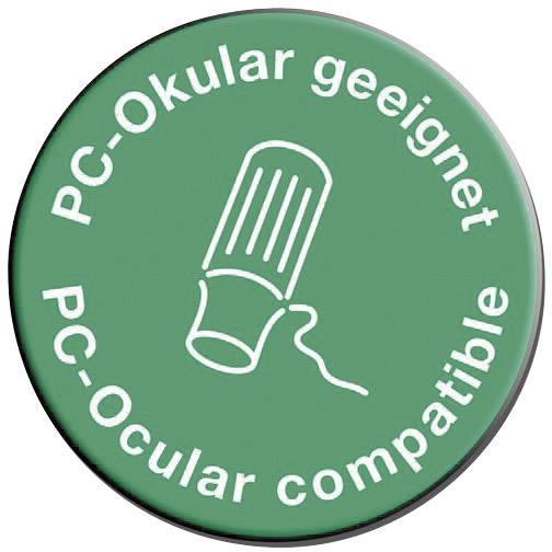 'PC-Oculair geschikt, PC-Oculair compatibel' op groene achtergrond; symboliseert compatibiliteit met PC-Oculairen.