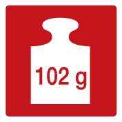 Zwart gewichtssymbool met de tekst '102 g' op een lichtblauwe achtergrond.
