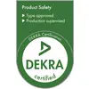 DEKRA-gecertificeerd keurmerk; bevestigt productveiligheid: 'Typegoedgekeurd' en 'Productie onder toezicht'.