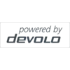 'Powered by devolo' in witte tekst op zwarte achtergrond.