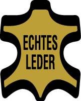 Een zwart embleem in leermodel met een geel binnengebied toont de tekst 'ECHT LEER' in zwarte hoofdletters.