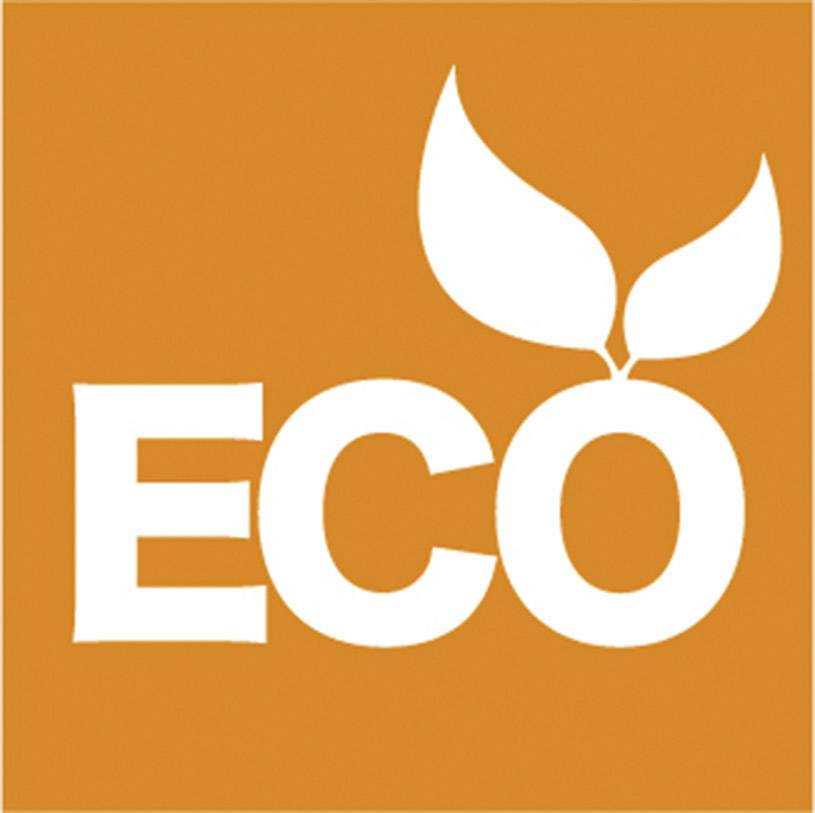 'Eco'-logo op een oranje achtergrond met gestileerde bladeren die een plant voorstellen.