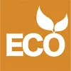 'Eco'-logo op een oranje achtergrond met gestileerde bladeren die een plant voorstellen.