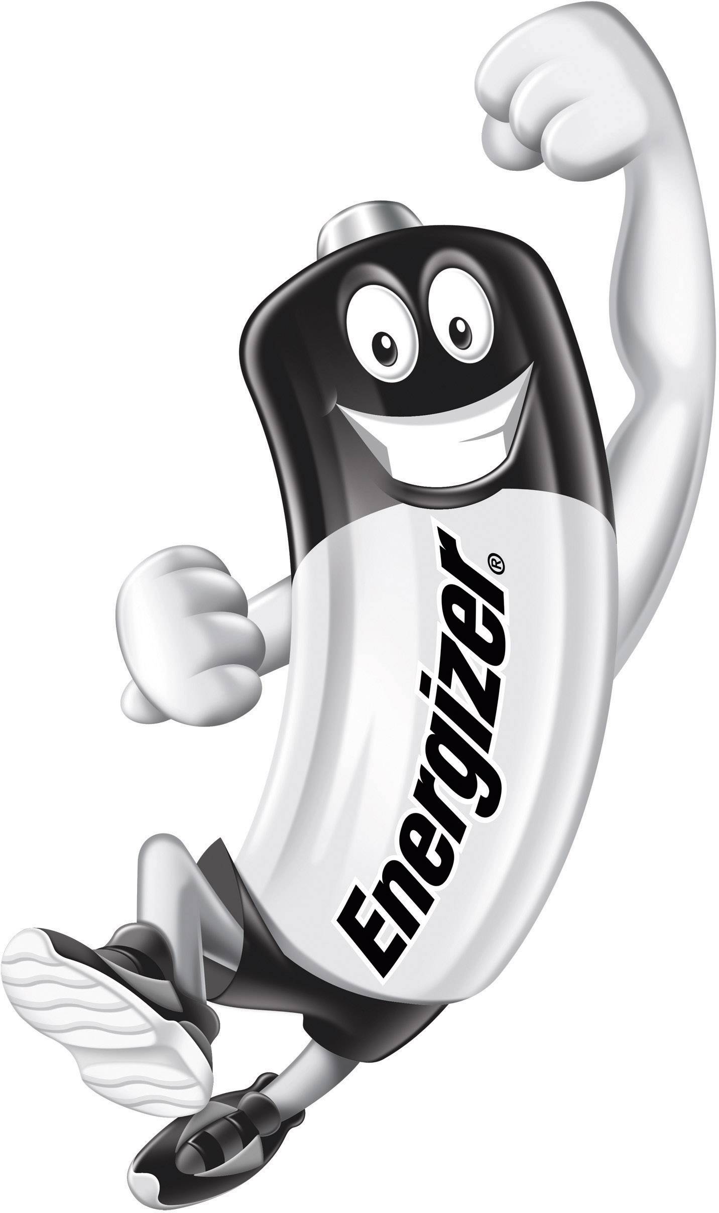 Een vrolijke, antropomorfe batterijfiguur met het merkteken 'Energizer', vertoont een overwinningshouding met één arm in de lucht.