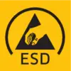 Een geel symbool met een zwart driehoek, waarbij een hand boven een chip zweeft. Eronder staat 'ESD', wat staat voor elektrostatische ontlading.