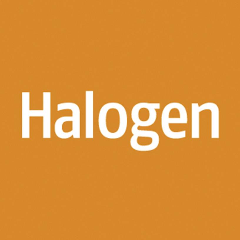 Een oranje oppervlak met het witte woord 'Halogen' in het midden.