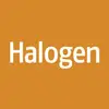 Een oranje oppervlak met het witte woord 'Halogen' in het midden.