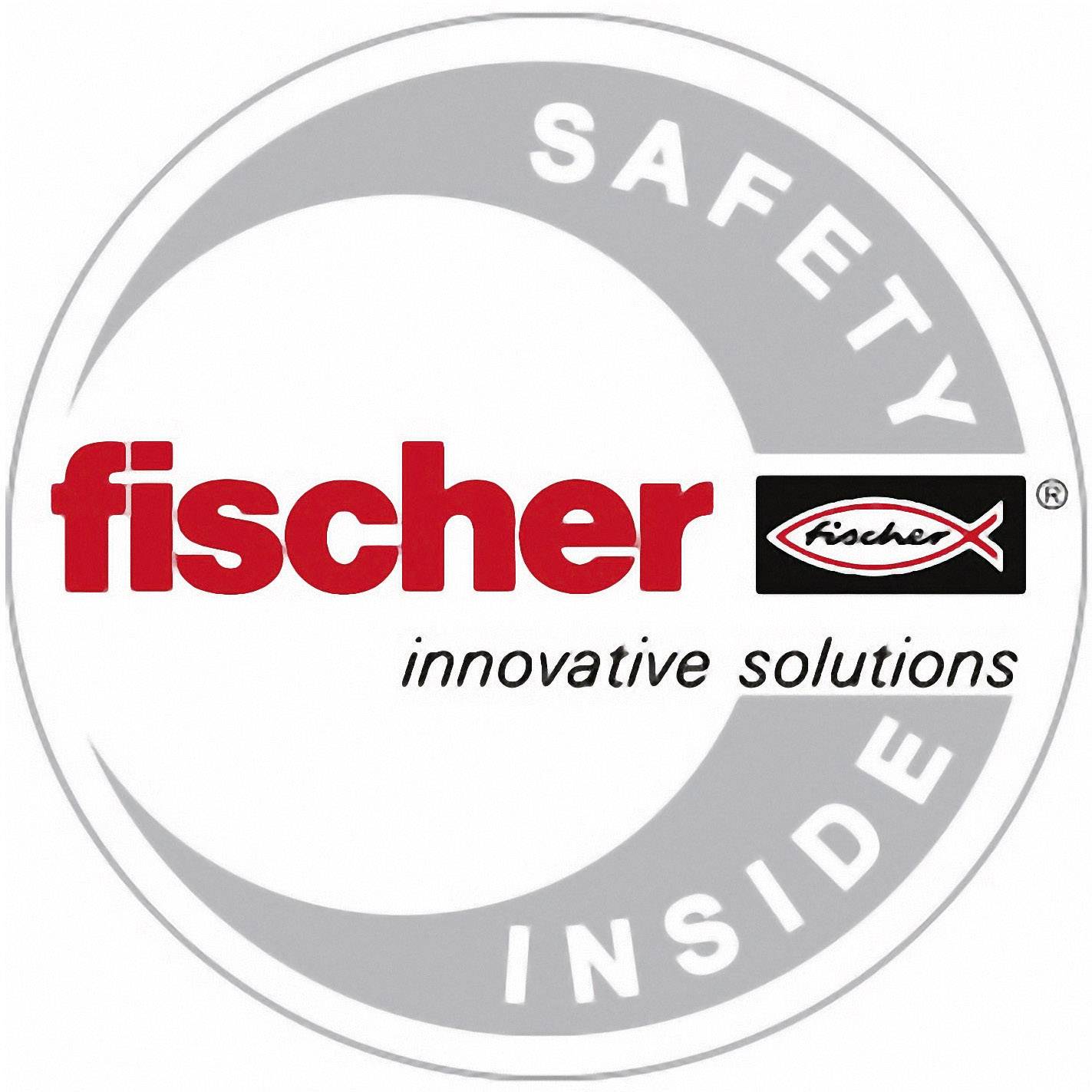 'Fischer' logo met slogan 'innovatieve oplossingen', rode tekst, zwarte achtergrond met vissensymbool, omgeven door grijze cirkel "Safety Inside".