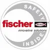 'Fischer' logo met slogan 'innovatieve oplossingen', rode tekst, zwarte achtergrond met vissensymbool, omgeven door grijze cirkel "Safety Inside".