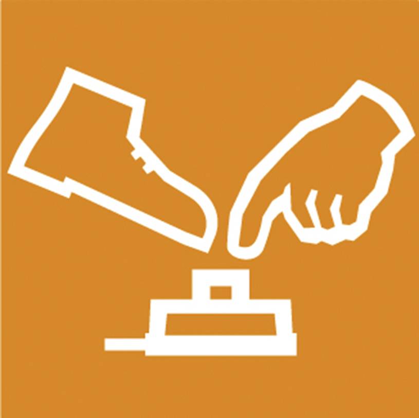 Een oranje symbool toont een voet die op een ronde knop trapt, terwijl twee handen zich zijdelings op een platform bewegen.
