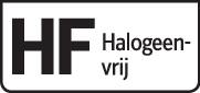 'HF Halogenenvrij' etiket, dat aangeeft dat het product geen halogenen bevat.