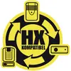 Geel symbool met drie pijlen en de tekst 'HX Compatibel'. Toont verschillende elektronische apparaten die onderling compatibel zijn.