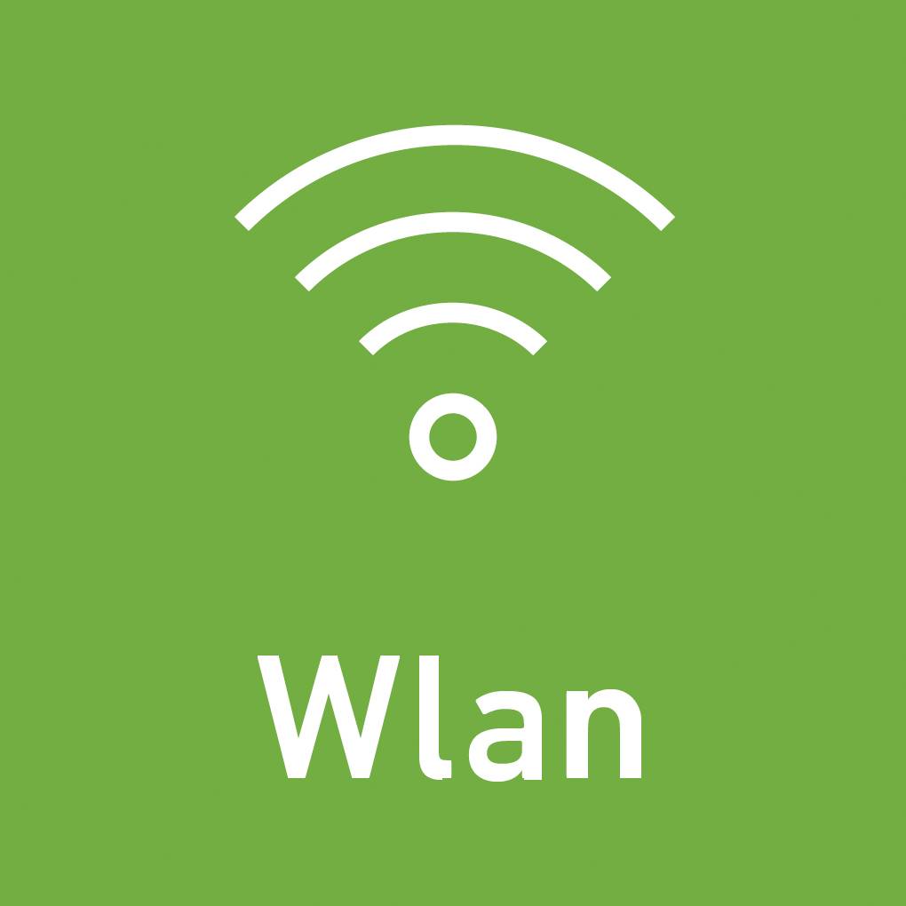 Een groen pictogram met een WLAN-symbool boven het woord 'Wlan', dat wijst op een draadloos netwerk.