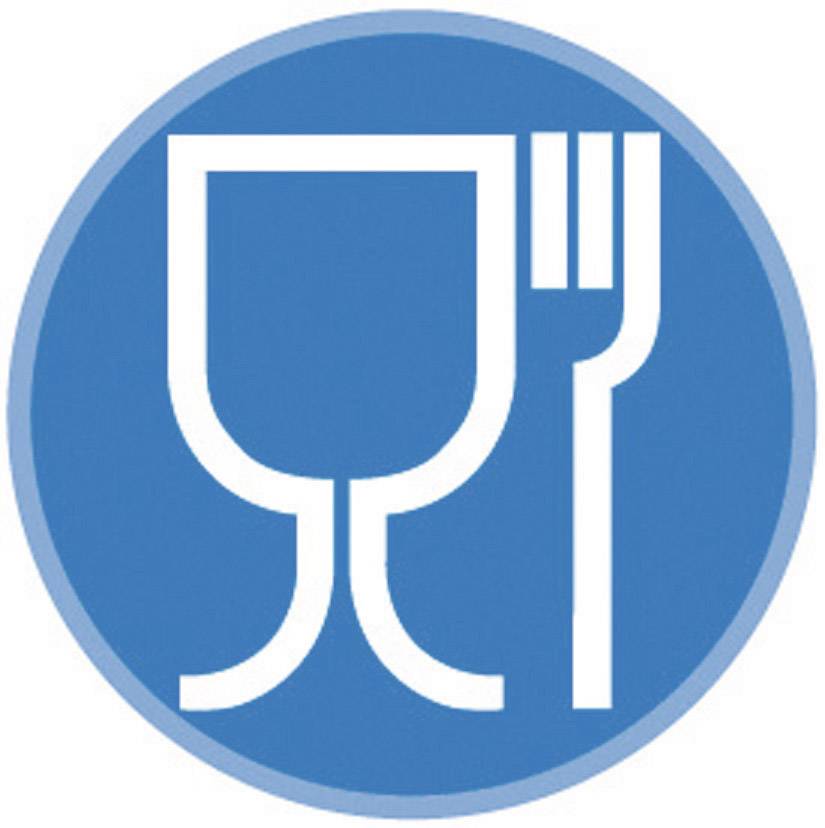 Symbool van een glas en een vork op een blauwe achtergrond, duidt materialen aan die geschikt zijn voor contact met voedingsmiddelen.