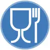 Symbool van een glas en een vork op een blauwe achtergrond, duidt materialen aan die geschikt zijn voor contact met voedingsmiddelen.