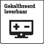 'Gekalibreerd leverbaar', Symbool van een monitor met plus- en minteken dat de beschikbaarheid van gekalibreerde apparaten aangeeft.