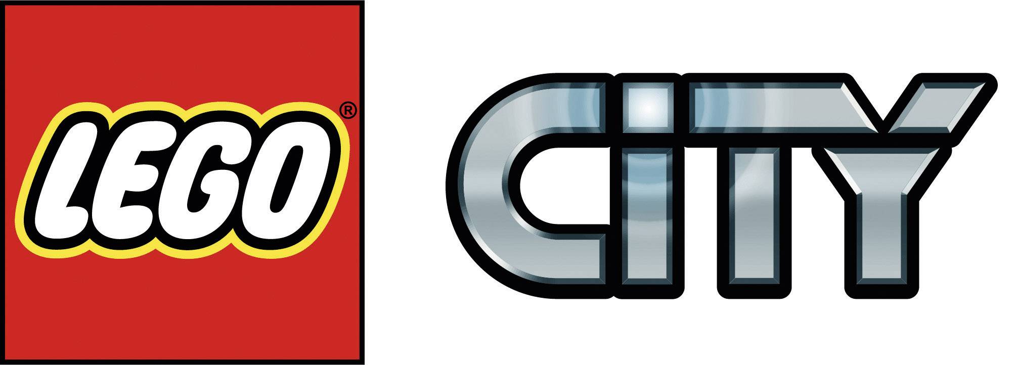 'LEGO' in witte letters op een rode achtergrond links; 'CITY' in metaalkleurige letters rechts.
