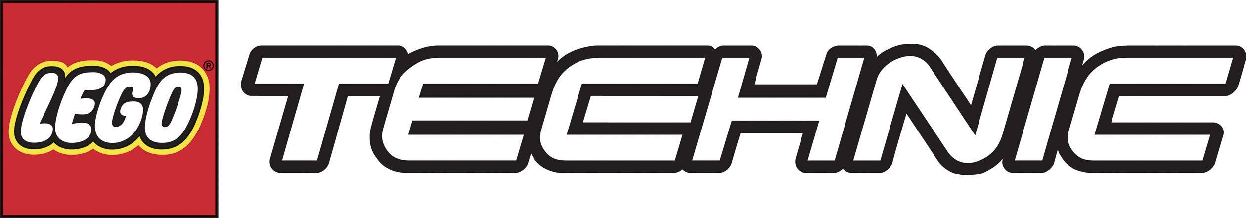 'LEGO Technic'-logo met zwarte tekst op een witte achtergrond en een rood vierkant met gele 'LEGO'-tekst links.