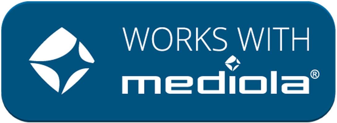 'Werkt met mediola'-logo in blauw.