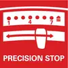 'PRECISIE STOP' Waarschuwingsindicator toont een schaal van 1 tot 7 met pijlen die een nauwkeurige uitlijning of positionering suggereren.