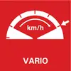 'Vario'-symbool in wit op een rode achtergrond, toont een tachometer met een pijl en 'km/u'.
